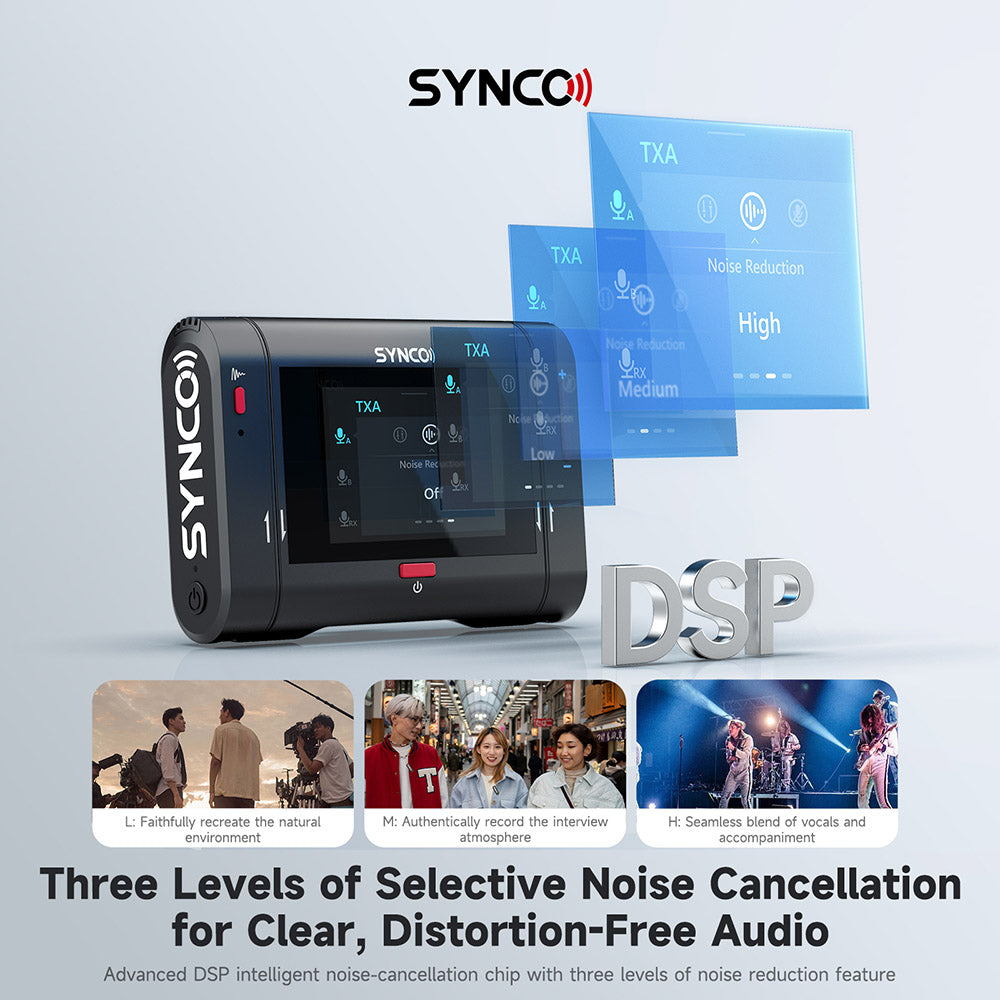 Micrófono inalámbrico de solapa SYNCO G3 Pro, transmisión de 2,4 GHz a 250 m, pantalla táctil de 2 pulgadas, 3 niveles de cancelación de ruido, 10 horas de grabación continua.