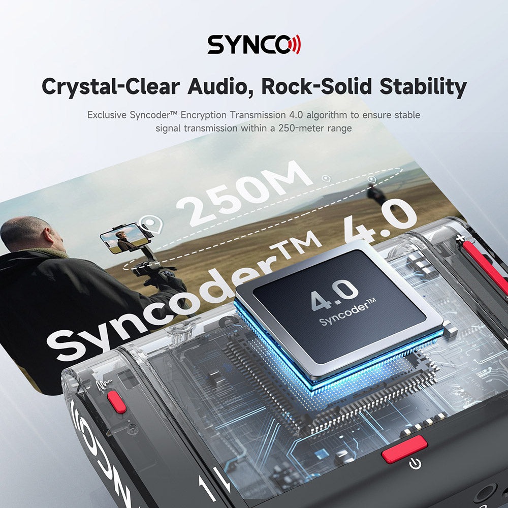 Micrófono inalámbrico de solapa SYNCO G3 Pro, transmisión de 2,4 GHz a 250 m, pantalla táctil de 2 pulgadas, 3 niveles de cancelación de ruido, 10 horas de grabación continua.