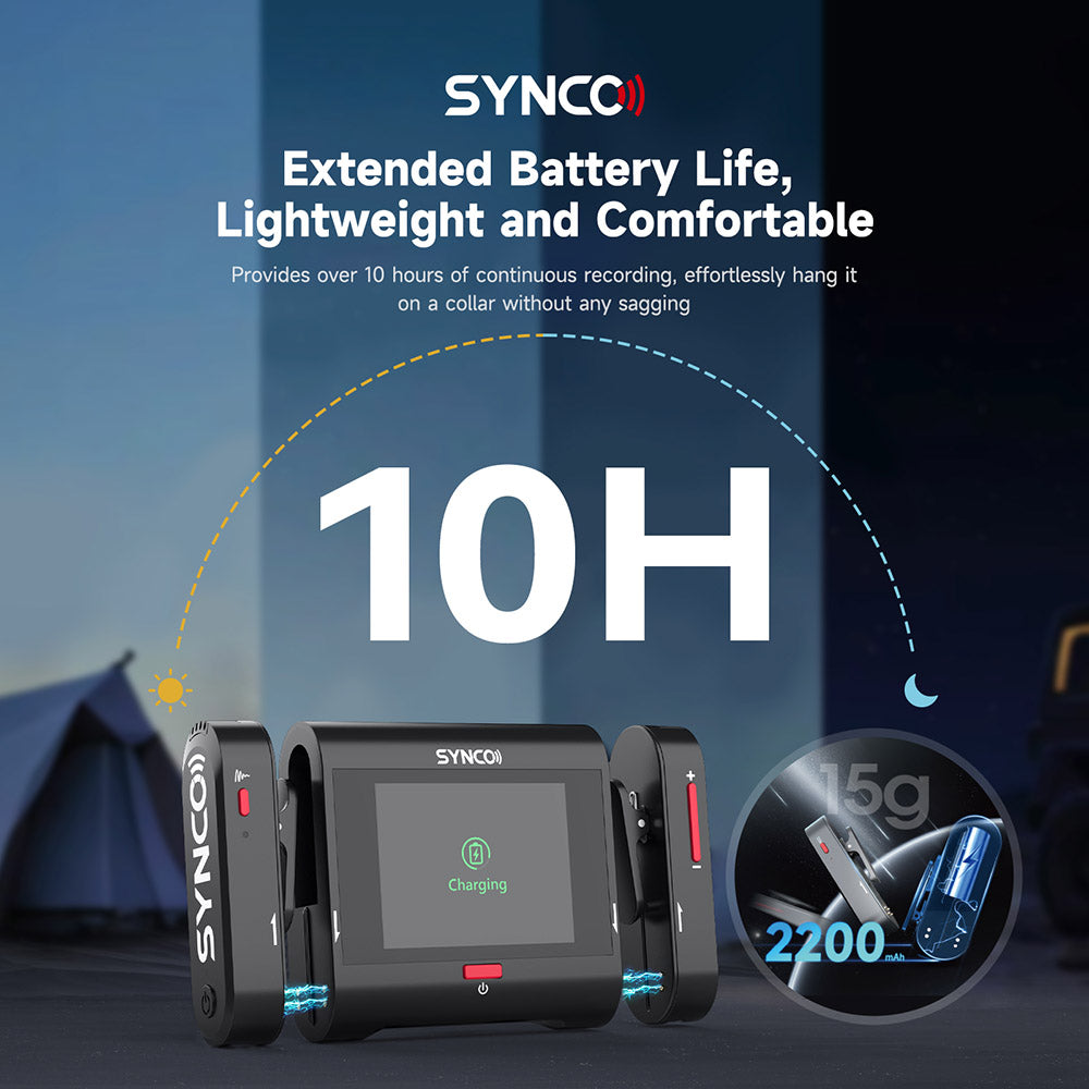 Micrófono inalámbrico de solapa SYNCO G3 Pro, transmisión de 2,4 GHz a 250 m, pantalla táctil de 2 pulgadas, 3 niveles de cancelación de ruido, 10 horas de grabación continua.