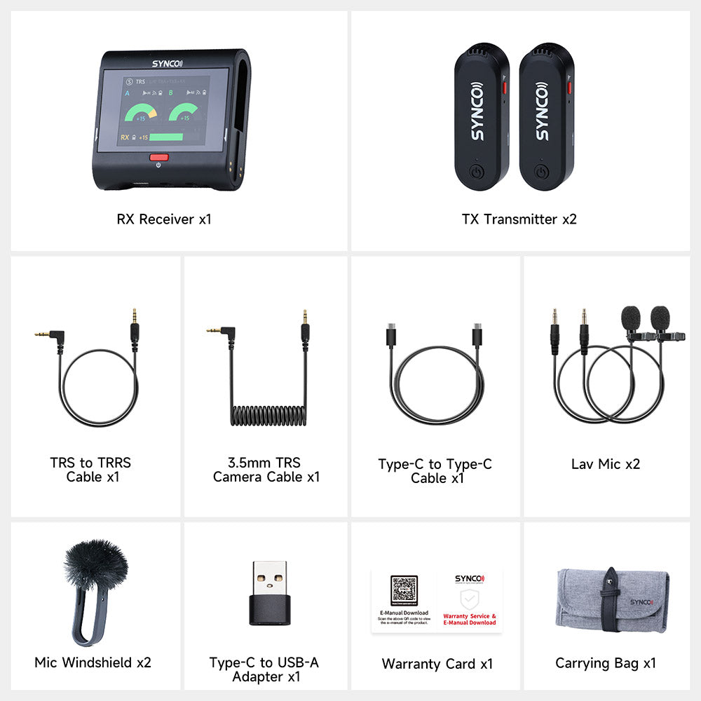 Micrófono inalámbrico de solapa SYNCO G3 Pro, transmisión de 2,4 GHz a 250 m, pantalla táctil de 2 pulgadas, 3 niveles de cancelación de ruido, 10 horas de grabación continua.