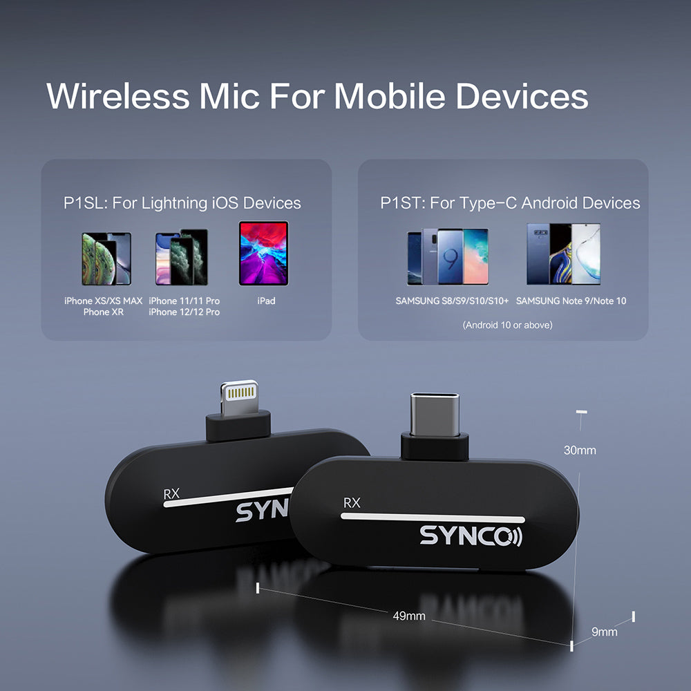 Micrófono de condensador inalámbrico SYNCO P1S para dispositivos Android tipo C, emparejamiento automático, transmisión de 150 m - Receptor tipo C