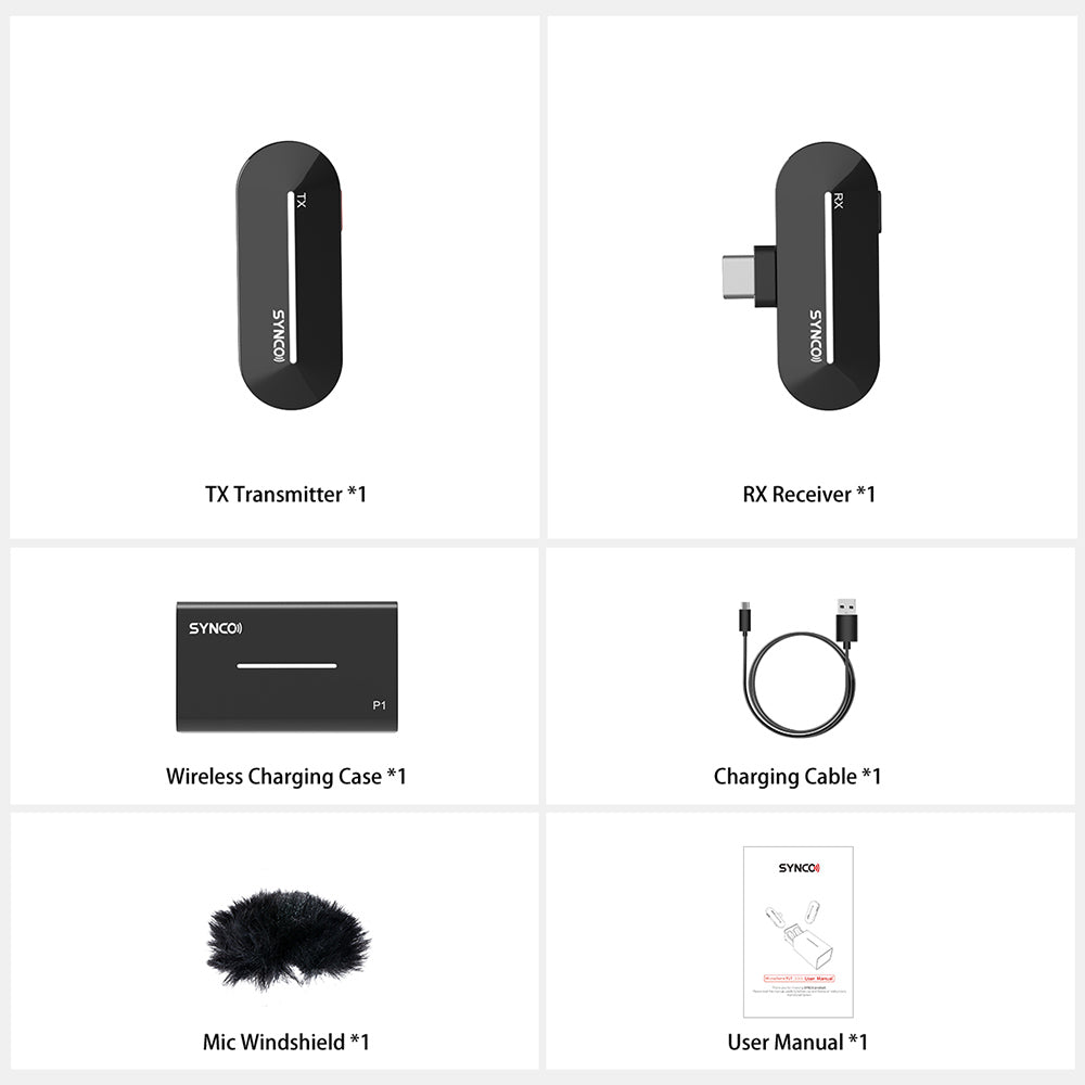 Micrófono de condensador inalámbrico SYNCO P1S para dispositivos Android tipo C, emparejamiento automático, transmisión de 150 m - Receptor tipo C