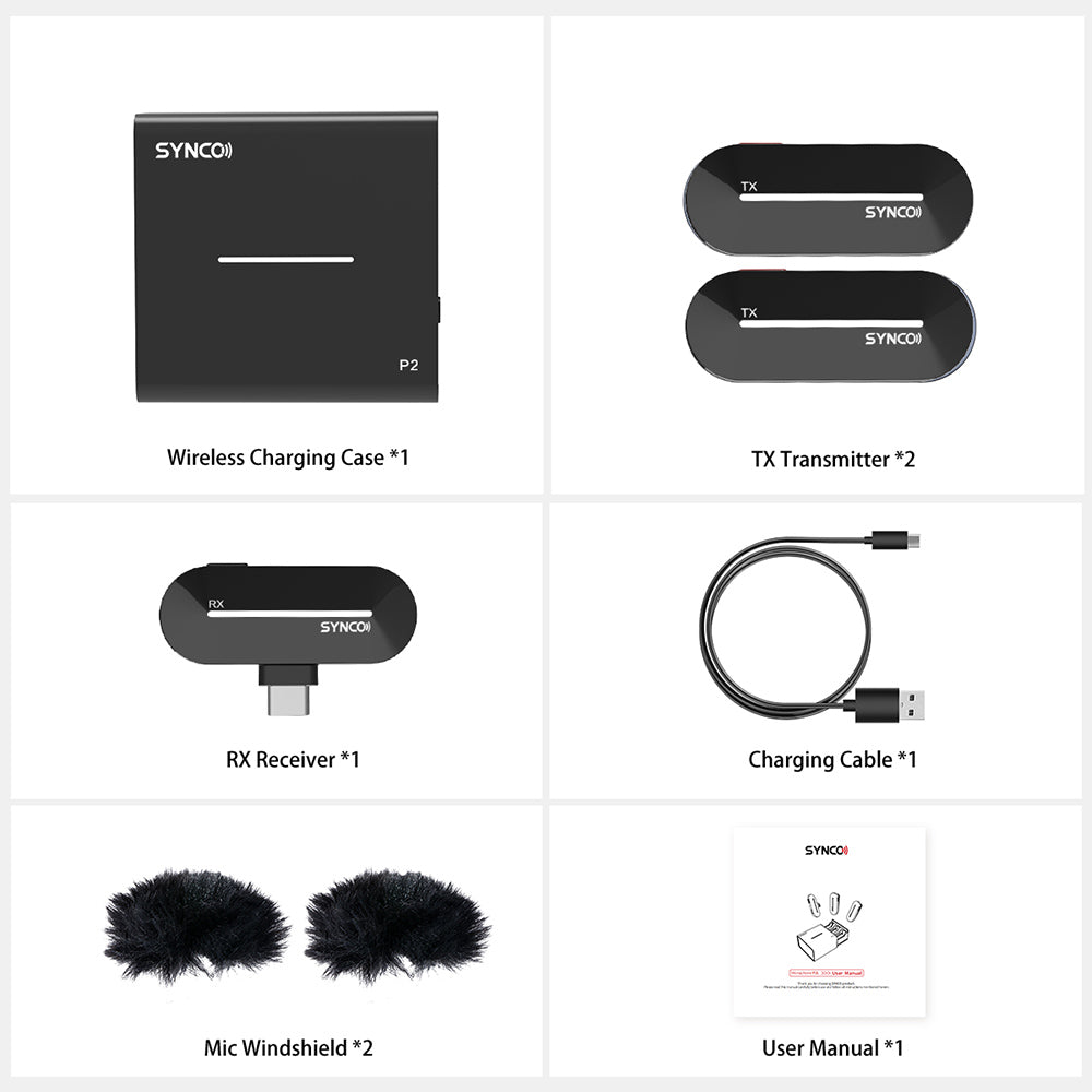 Micrófono de condensador inalámbrico SYNCO P2S para dispositivos Android tipo C, emparejamiento automático, transmisión de 150 m, carga rápida - Receptor tipo C
