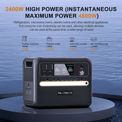 TALLPOWER V2400 Portable Power Station, 2160Wh LiFePo4 Solar Generator, 2400W AC Output, Adjustable Input Power, PD 100W USB-C, UPS Function, LED Light, 13 Outputs - Black