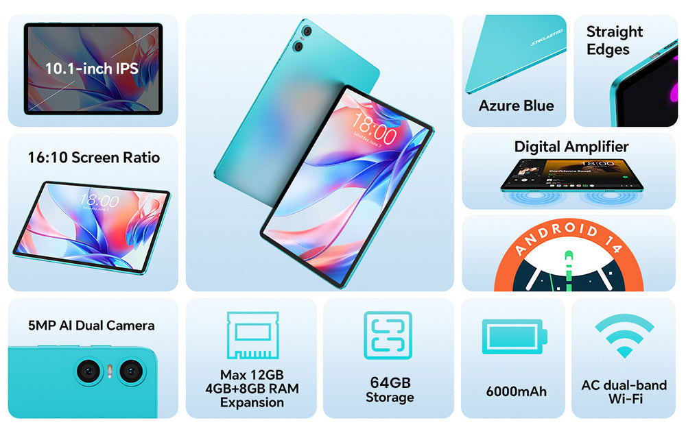 Teclast P30 10.1inch Tablet, Android 14, 4GB RAM 64G ROM, 5MP Al Dual Camera, 1280x800 Resolution, Qcta-Core, 6000mAh Battery, Type-C/GMS/WiFi/Bluetooth/3.5mm Jack