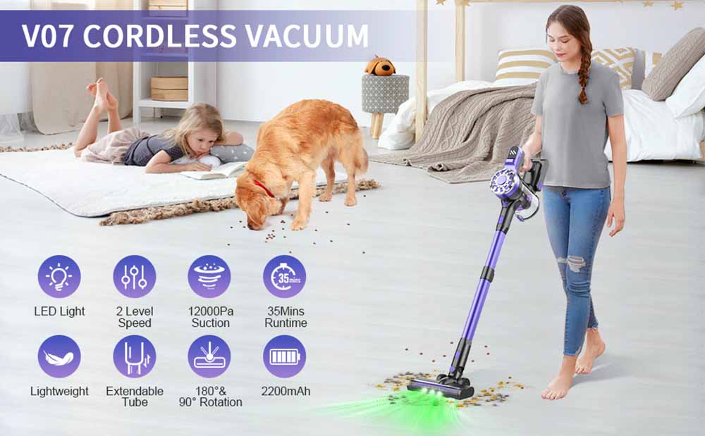 Teendow V07 Cordless Vacuum Cleaner, 12KPa Powerful Suction, 30min Runtime, 2200mAh Battery, 0.9L Dust Cup, 5-Stage Filtration, Wall-Mounted Design for Hard Floors & Carpets