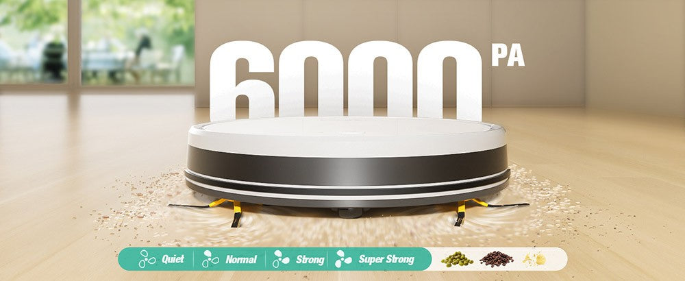 Robot Aspirador Tesvor M2 con Función de Mopa, Succión de 6000Pa, Navegación Giroscópica, Depósito de Polvo de 600ml, Autonomía de 150 Minutos, Área Máxima de Aspiración de 120m², Control por App / Control Remoto - Blanco