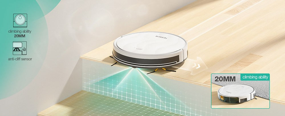 Robot Aspirador Tesvor M2 con Función de Mopa, Succión de 6000Pa, Navegación Giroscópica, Depósito de Polvo de 600ml, Autonomía de 150 Minutos, Área Máxima de Aspiración de 120m², Control por App / Control Remoto - Blanco