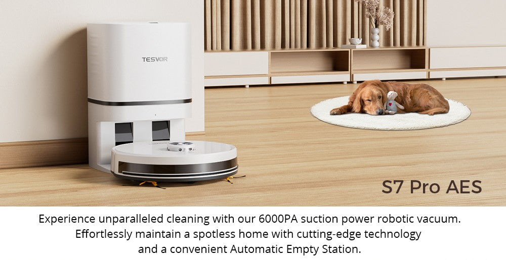 Robot aspirador Tesvor S7 Pro AES con estación de vaciado automático, función de fregado, succión de 6000 Pa, navegación láser, depósito de polvo de 600 ml, bolsa de polvo de 2,8 l, autonomía de 180 minutos, control por aplicación/mando a distancia - Blanco