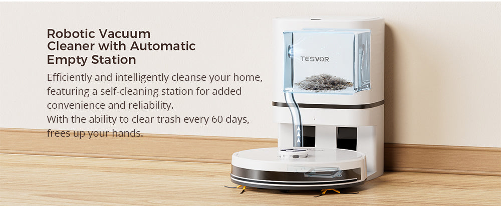 Robot aspirador Tesvor S7 Pro AES con estación de vaciado automático, función de fregado, succión de 6000 Pa, navegación láser, depósito de polvo de 600 ml, bolsa de polvo de 2,8 l, autonomía de 180 minutos, control por aplicación/mando a distancia - Blanco