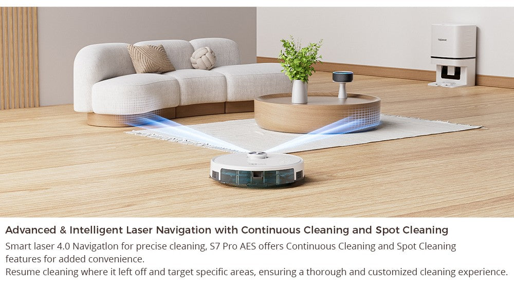 Robot aspirador Tesvor S7 Pro AES con estación de vaciado automático, función de fregado, succión de 6000 Pa, navegación láser, depósito de polvo de 600 ml, bolsa de polvo de 2,8 l, autonomía de 180 minutos, control por aplicación/mando a distancia - Blanco