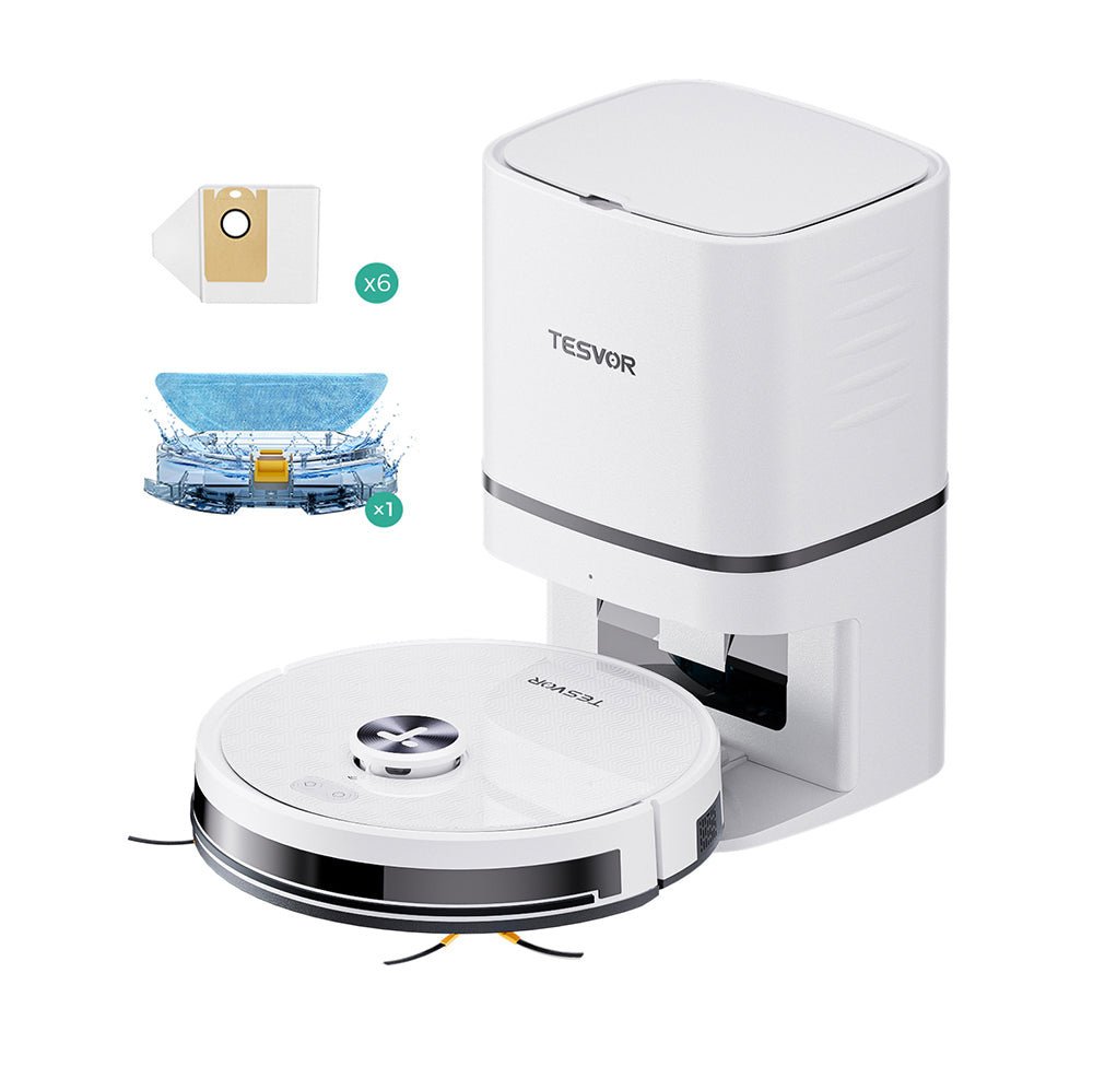 Robot aspirador Tesvor S7 Pro AES con estación de vaciado automático, función de fregado, succión de 6000 Pa, navegación láser, depósito de polvo de 600 ml, bolsa de polvo de 2,8 l, autonomía de 180 minutos, control por aplicación/mando a distancia - Blanco