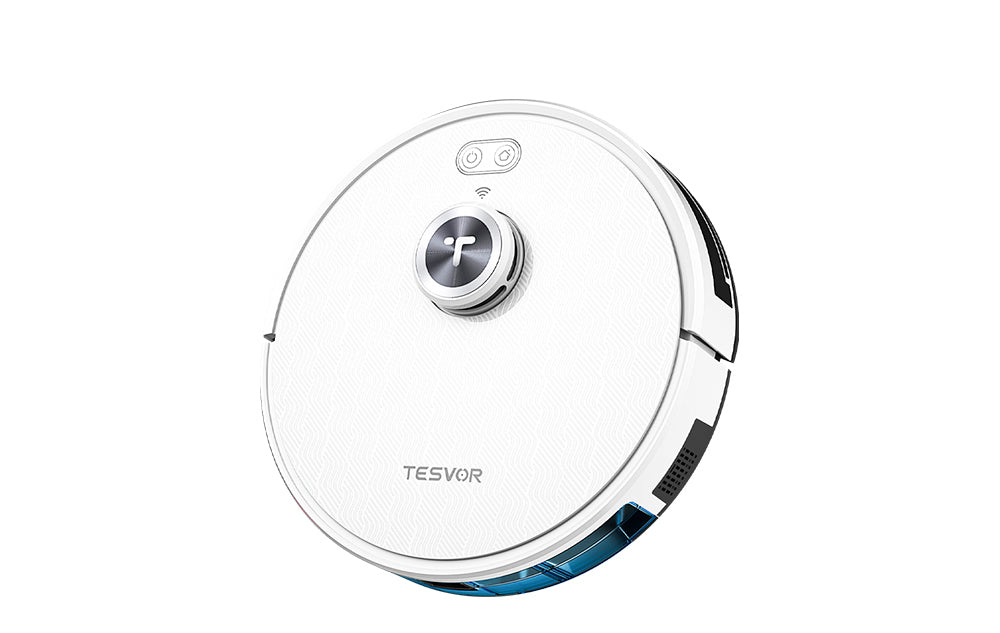 Robot aspirador Tesvor S7 Pro AES con estación de vaciado automático, función de fregado, succión de 6000 Pa, navegación láser, depósito de polvo de 600 ml, bolsa de polvo de 2,8 l, autonomía de 180 minutos, control por aplicación/mando a distancia - Blanco