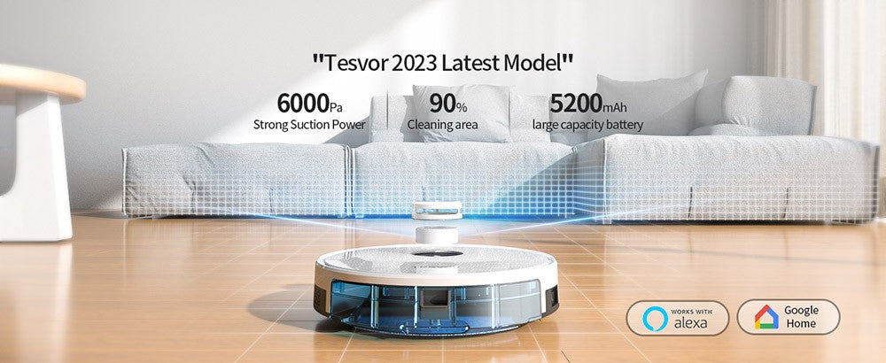 Robot Aspirador Tesvor S7 Pro con Función de Mopa, Succión de 6000Pa, Navegación Láser, Depósito de Polvo de 600ml, Autonomía de 180 Minutos, Área Máxima de Aspiración de 150m², Control por App / Control Remoto - Blanco