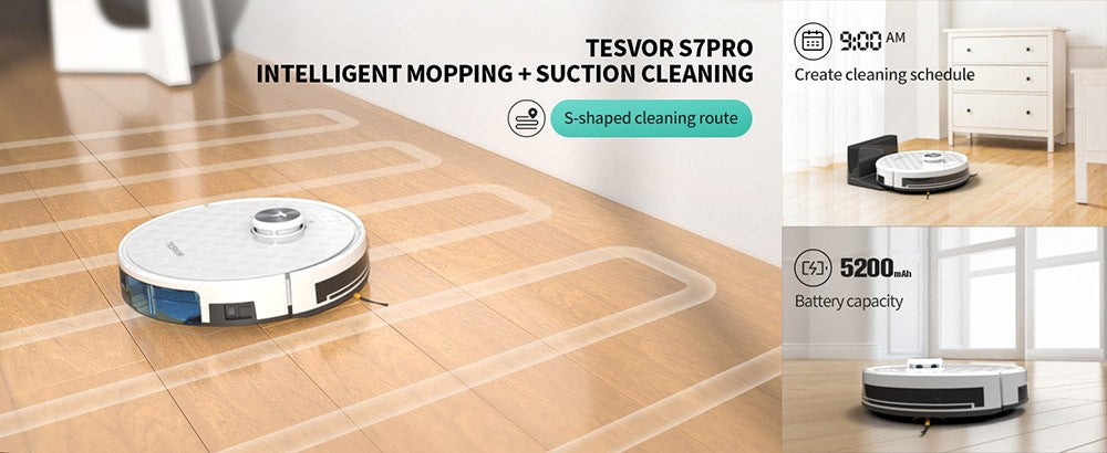 Robot Aspirador Tesvor S7 Pro con Función de Mopa, Succión de 6000Pa, Navegación Láser, Depósito de Polvo de 600ml, Autonomía de 180 Minutos, Área Máxima de Aspiración de 150m², Control por App / Control Remoto - Blanco