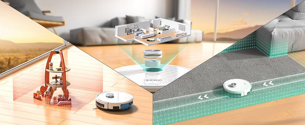 Robot Aspirador Tesvor S7 Pro con Función de Mopa, Succión de 6000Pa, Navegación Láser, Depósito de Polvo de 600ml, Autonomía de 180 Minutos, Área Máxima de Aspiración de 150m², Control por App / Control Remoto - Blanco