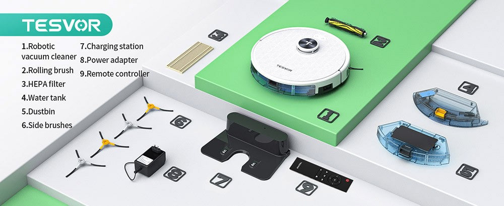 Robot Aspirador Tesvor S7 Pro con Función de Mopa, Succión de 6000Pa, Navegación Láser, Depósito de Polvo de 600ml, Autonomía de 180 Minutos, Área Máxima de Aspiración de 150m², Control por App / Control Remoto - Blanco