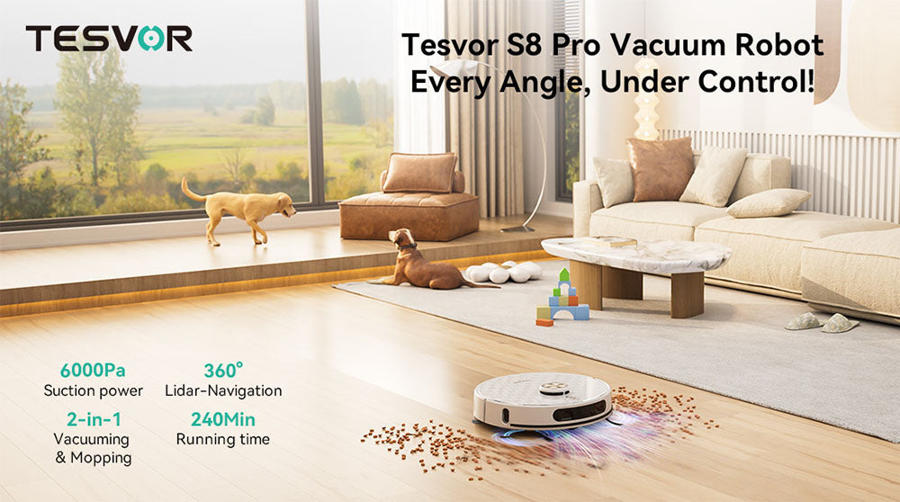 Robot aspirador Tesvor S8 Pro 2 en 1 con función de fregado, succión de 6000 Pa, navegación LiDAR, 240 minutos de autonomía, control por APP/Alexa.
