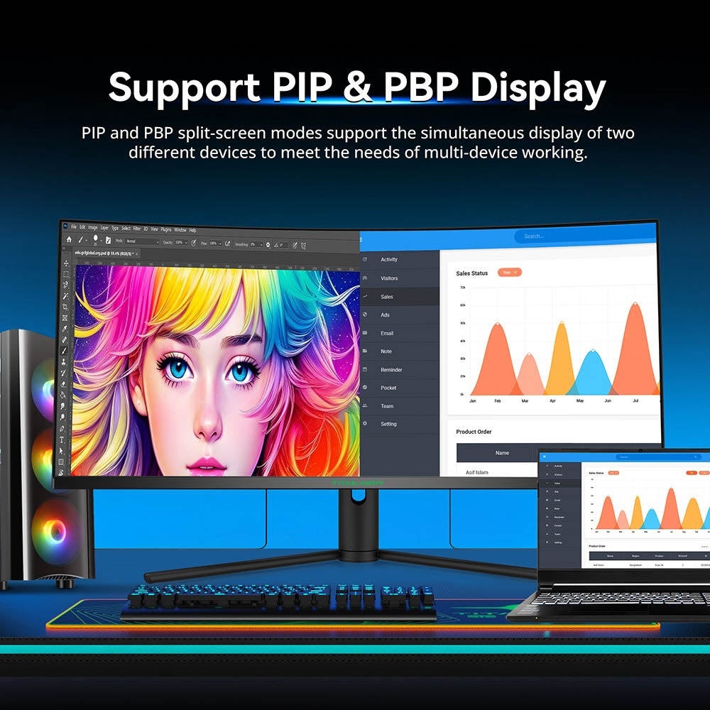 TITAN ARMY C34CHR Gaming Monitor, 34-inch 1500R 3440x1440 WQHD Curved Screen, 165Hz Refresh Rate, 1ms MPRT, Adaptive Sync, 99% sRGB, Support PIP &amp; PBP Display, E-sports Backlight, Tilt Adjustment Wall Mount, Low Blue Light