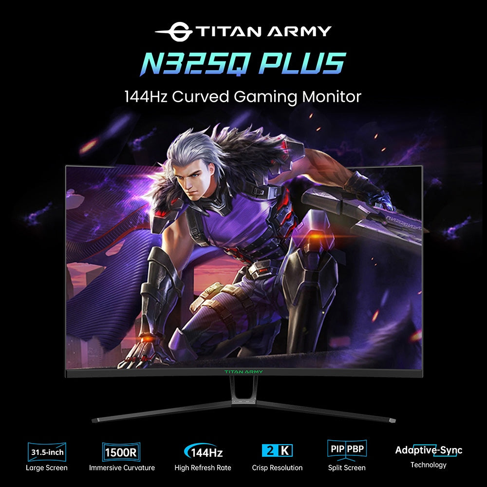 TITAN ARMY N32SQ PLUS Curved Gaming Monitor, 31.5-Inch 1500R 16:9 VA Panel, 144Hz Refresh Rate, 2560x1440 HD, 99% sRGB 1ms MPRT Response Time, Low-blue, Support FPS/RTS Gaming Mode, 2*HDMI 2.0 2*DP 1.4 1*Audio, Tilt Adjustment with Wall Mount
