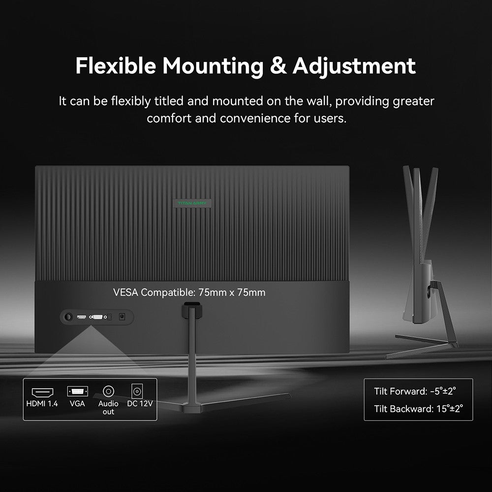 TITAN ARMY P24H2P Gaming Monitor, 24-Inch IPS Panel, 100Hz Refresh, 1920x1080 FHD Resolution, 99% sRGB, Adaptive Sync, Intelligent DCR Optimization, Low-blue Light, 1*HDMI1.4 1*VGA 1*Audio, Tilt Adjustment VESA Mount