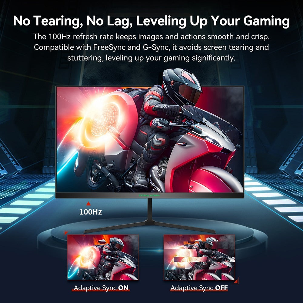 TITAN ARMY P24H2P Gaming Monitor, 24-Inch IPS Panel, 100Hz Refresh, 1920x1080 FHD Resolution, 99% sRGB, Adaptive Sync, Intelligent DCR Optimization, Low-blue Light, 1*HDMI1.4 1*VGA 1*Audio, Tilt Adjustment VESA Mount
