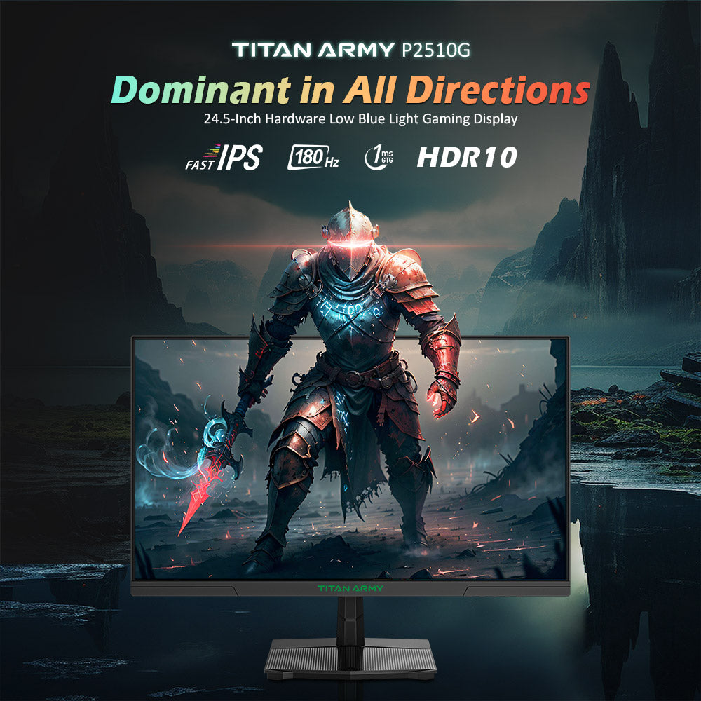 Monitor para juegos TITAN ARMY P2510G, pantalla IPS rápida de 24.5'' 1920*1080, frecuencia de actualización de 180 Hz, HDR10, 99 % sRGB, 1 ms GTG, sincronización adaptativa, OD dinámico, asistencia para juegos, 8 modos de escena, luz azul baja por hardware, inclinación ajustable, montaje VESA, 1*HDMI2.0 1*DP1.4 1*Audio
