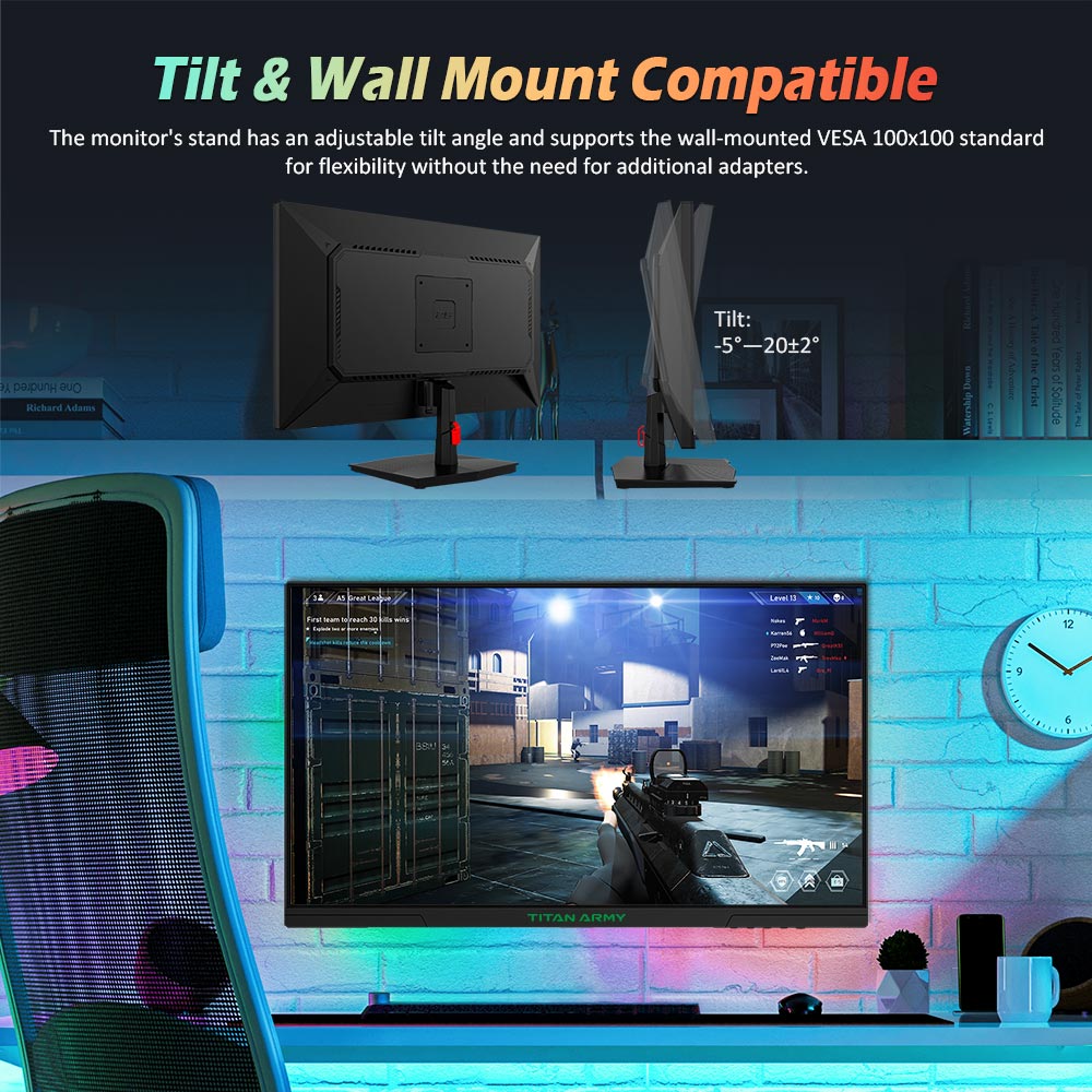 Monitor para juegos TITAN ARMY P2510G, pantalla IPS rápida de 24.5'' 1920*1080, frecuencia de actualización de 180 Hz, HDR10, 99 % sRGB, 1 ms GTG, sincronización adaptativa, OD dinámico, asistencia para juegos, 8 modos de escena, luz azul baja por hardware, inclinación ajustable, montaje VESA, 1*HDMI2.0 1*DP1.4 1*Audio