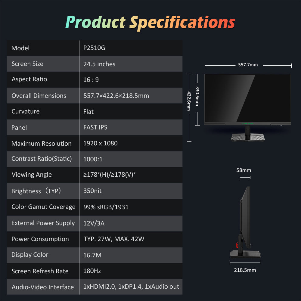 Monitor para juegos TITAN ARMY P2510G, pantalla IPS rápida de 24.5'' 1920*1080, frecuencia de actualización de 180 Hz, HDR10, 99 % sRGB, 1 ms GTG, sincronización adaptativa, OD dinámico, asistencia para juegos, 8 modos de escena, luz azul baja por hardware, inclinación ajustable, montaje VESA, 1*HDMI2.0 1*DP1.4 1*Audio