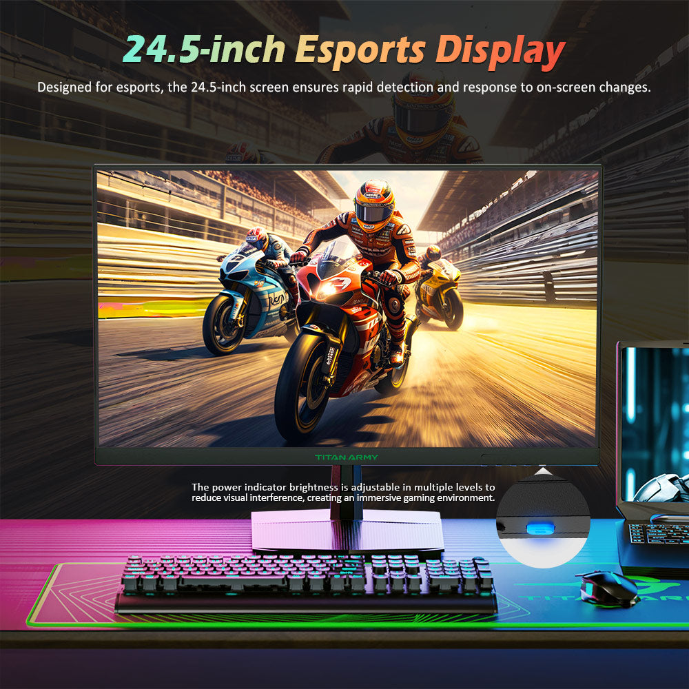Monitor para juegos TITAN ARMY P2510G, pantalla IPS rápida de 24.5'' 1920*1080, frecuencia de actualización de 180 Hz, HDR10, 99 % sRGB, 1 ms GTG, sincronización adaptativa, OD dinámico, asistencia para juegos, 8 modos de escena, luz azul baja por hardware, inclinación ajustable, montaje VESA, 1*HDMI2.0 1*DP1.4 1*Audio