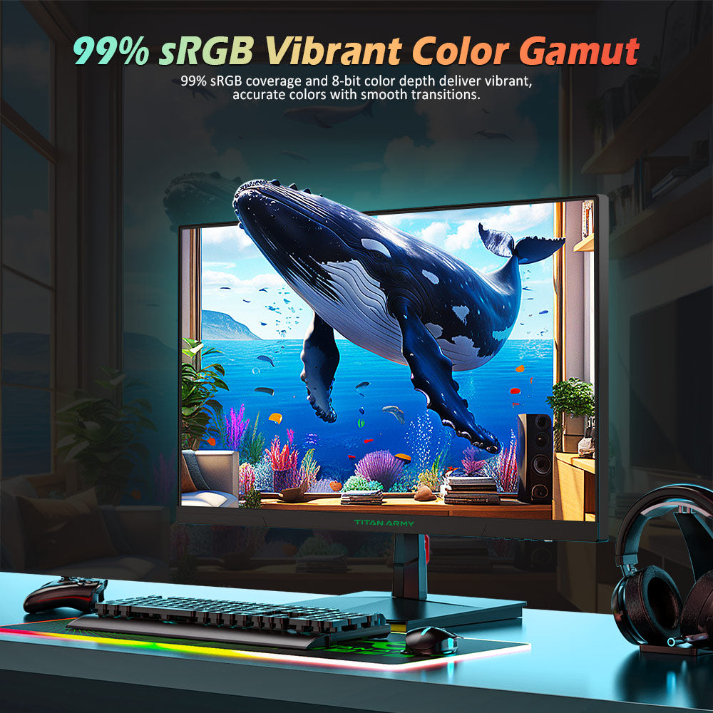 Monitor para juegos TITAN ARMY P2510G, pantalla IPS rápida de 24.5'' 1920*1080, frecuencia de actualización de 180 Hz, HDR10, 99 % sRGB, 1 ms GTG, sincronización adaptativa, OD dinámico, asistencia para juegos, 8 modos de escena, luz azul baja por hardware, inclinación ajustable, montaje VESA, 1*HDMI2.0 1*DP1.4 1*Audio