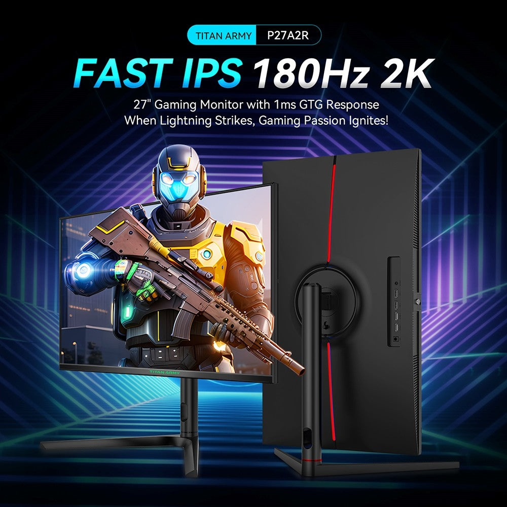 TITAN ARMY P27A2R 27-Inch Gaming Monitor, Fast IPS 180Hz Adaptive Sync, 2560*1440 QHD, 1ms GTG, 95% DCI-P3, Support FPS/RTS Gaming Mode, Low Blue, 2*HDMI 2.0 2*DP 1.4 1*Audio, Adjustable Height VESA Mount