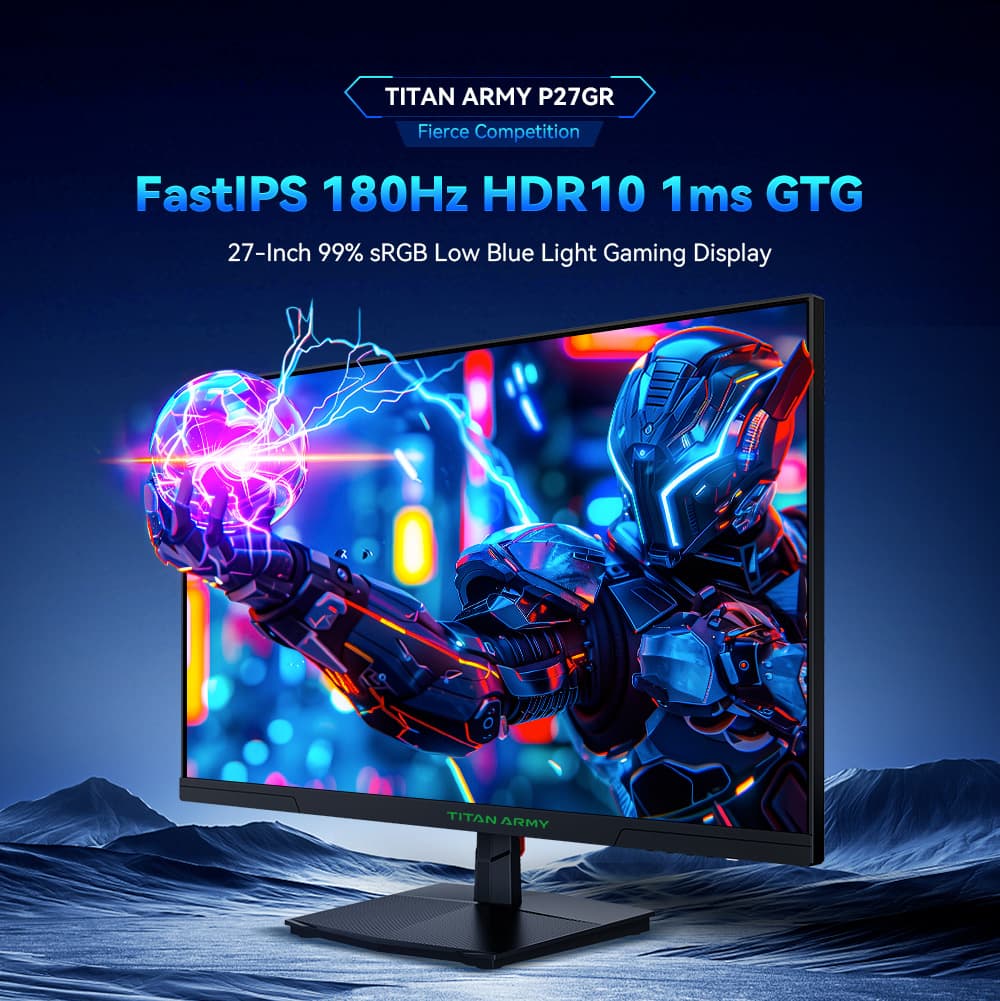 Monitor para juegos TITAN ARMY P27GR, pantalla IPS rápida de 27 pulgadas 2560*1440, frecuencia de actualización de 180 Hz, 1 ms GTG, 99 % sRGB, HDR10, Adaptive-Sync, modo de juego, OD dinámico, pantalla PBP y PIP, luz azul baja, inclinación ajustable, montaje en pared VESA.