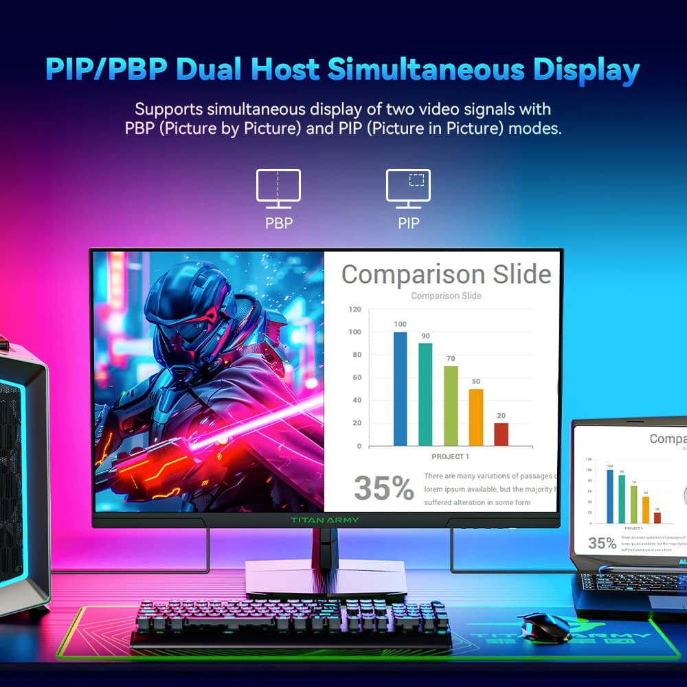 Monitor para juegos TITAN ARMY P27GR, pantalla IPS rápida de 27 pulgadas 2560*1440, frecuencia de actualización de 180 Hz, 1 ms GTG, 99 % sRGB, HDR10, Adaptive-Sync, modo de juego, OD dinámico, pantalla PBP y PIP, luz azul baja, inclinación ajustable, montaje en pared VESA.