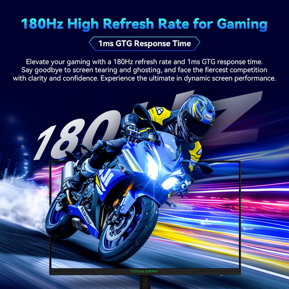 Monitor para juegos TITAN ARMY P27GR, pantalla IPS rápida de 27 pulgadas 2560*1440, frecuencia de actualización de 180 Hz, 1 ms GTG, 99 % sRGB, HDR10, Adaptive-Sync, modo de juego, OD dinámico, pantalla PBP y PIP, luz azul baja, inclinación ajustable, montaje en pared VESA.