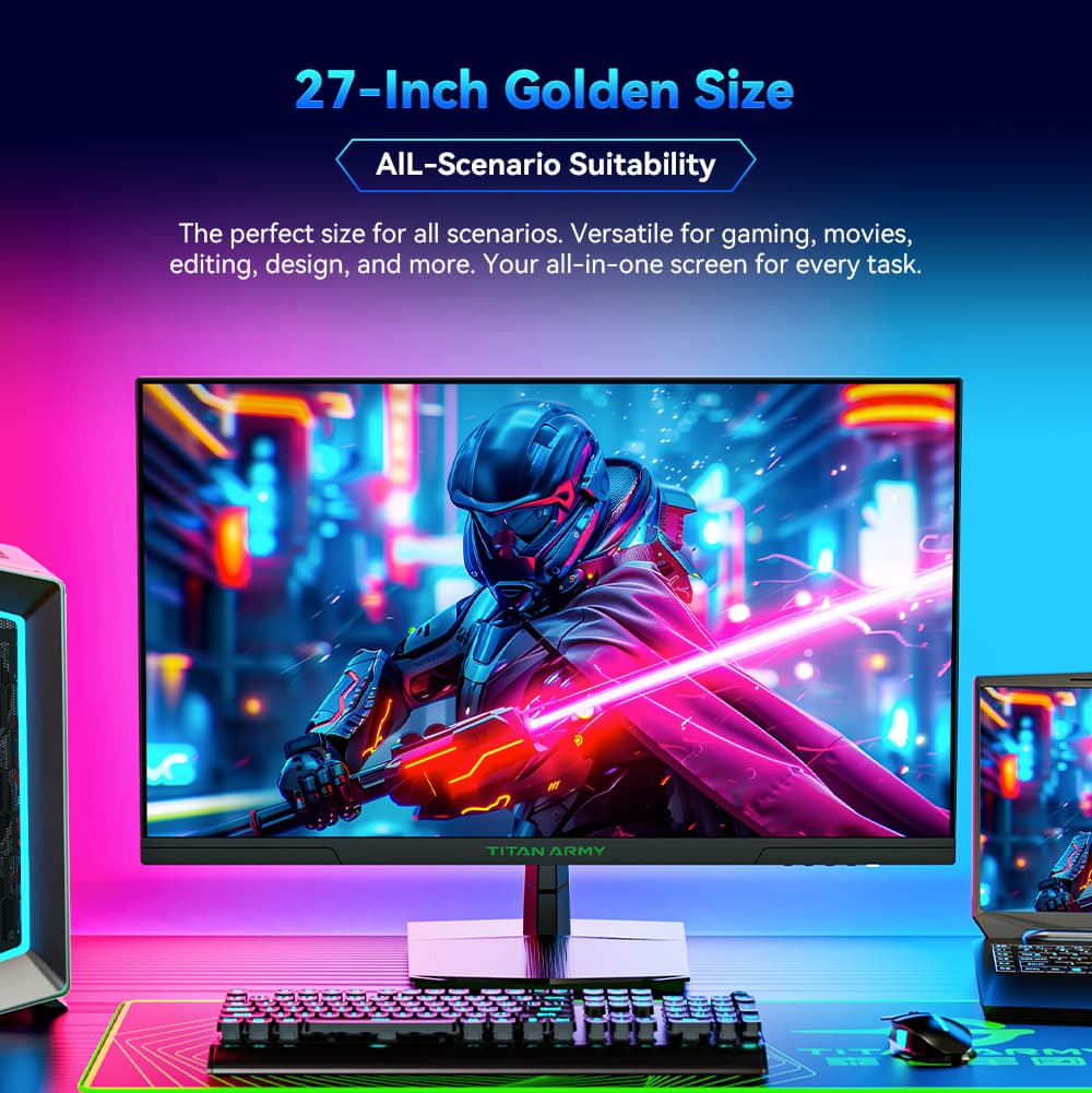 Monitor para juegos TITAN ARMY P27GR, pantalla IPS rápida de 27 pulgadas 2560*1440, frecuencia de actualización de 180 Hz, 1 ms GTG, 99 % sRGB, HDR10, Adaptive-Sync, modo de juego, OD dinámico, pantalla PBP y PIP, luz azul baja, inclinación ajustable, montaje en pared VESA.