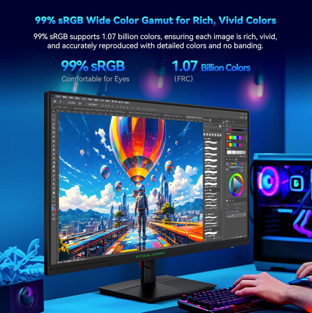 Monitor para juegos TITAN ARMY P27GR, pantalla IPS rápida de 27 pulgadas 2560*1440, frecuencia de actualización de 180 Hz, 1 ms GTG, 99 % sRGB, HDR10, Adaptive-Sync, modo de juego, OD dinámico, pantalla PBP y PIP, luz azul baja, inclinación ajustable, montaje en pared VESA.