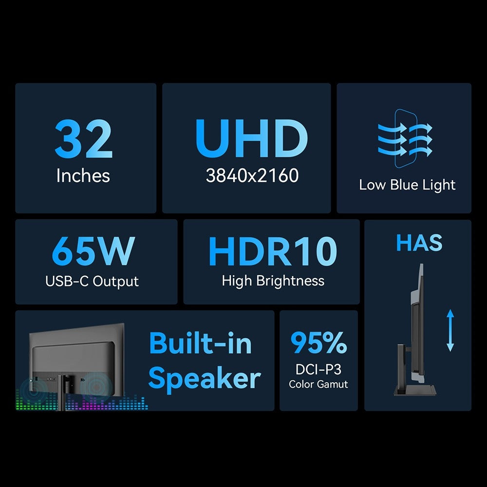 TITAN ARMY P32H2U Commercial Monitor, 32-inch 3840x2160 4K UHD Screen, 60Hz Refresh Rate, HDR10 Brightness, Low Blue Light, Built-in Speaker, 95% DCI-P3 Color Gamut, 65W Full-Featured USB-C Port, VESA Mount