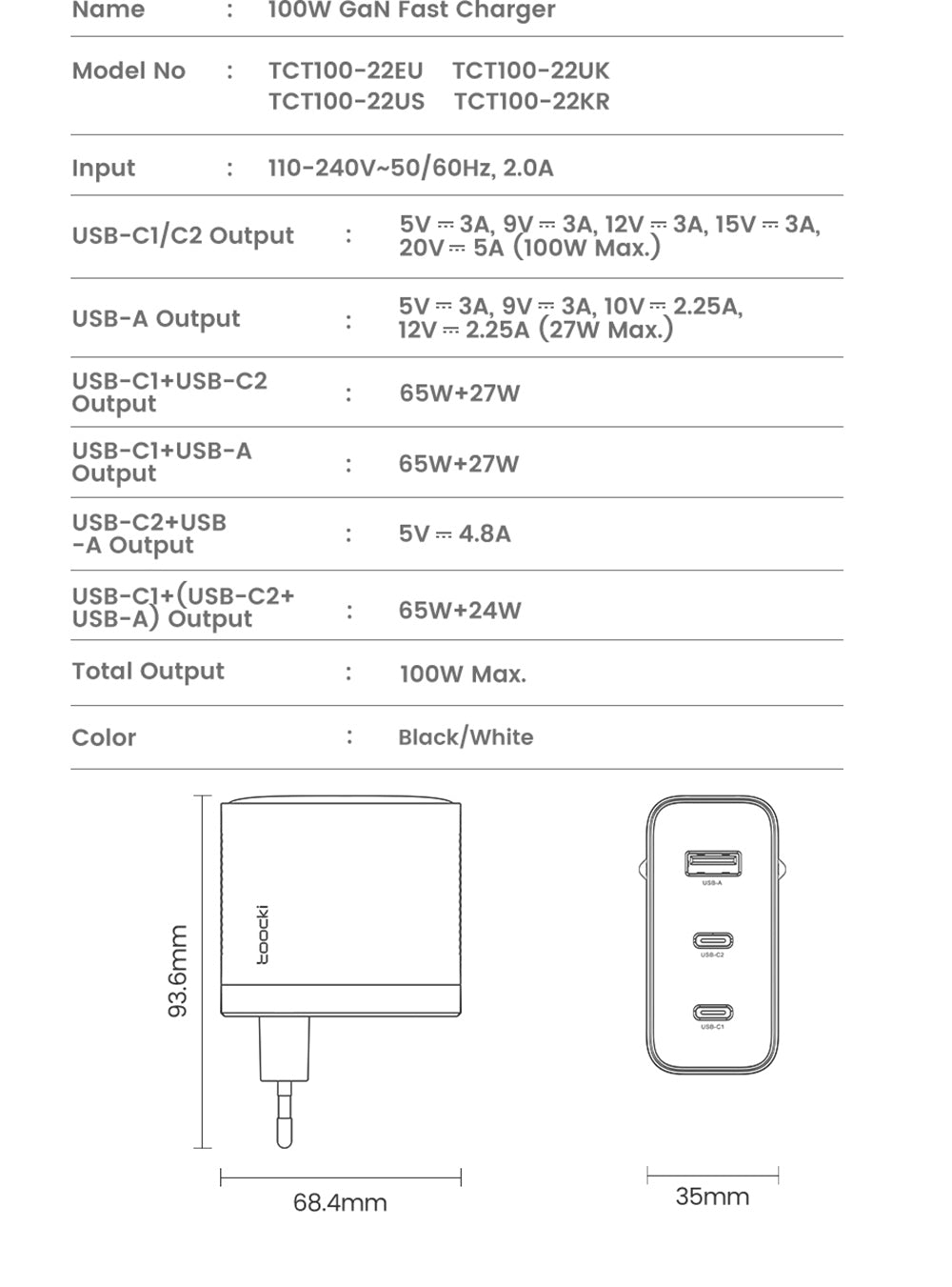 Toocki TCT100-XRB 100W GaN USB Charger, USB-C and USB-A Triple Port PD 3.0, for iPhone, Huawei, Samsung, Tablet, Mobile Phones