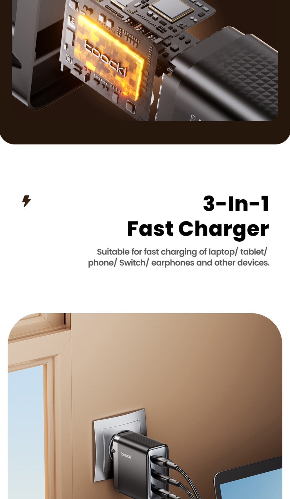 Toocki TCT100-XRB 100W GaN USB Charger, USB-C and USB-A Triple Port PD 3.0, for iPhone, Huawei, Samsung, Tablet, Mobile Phones