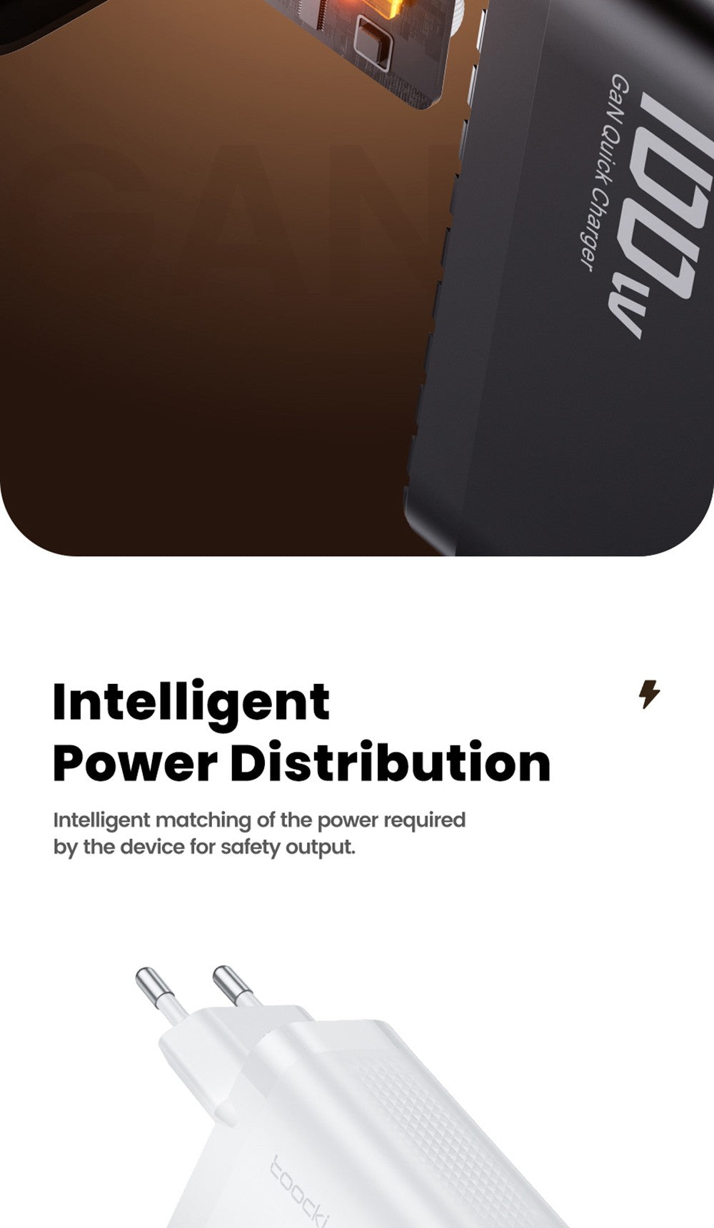 Toocki TCT100-XRB 100W GaN USB Charger, USB-C and USB-A Triple Port PD 3.0, for iPhone, Huawei, Samsung, Tablet, Mobile Phones