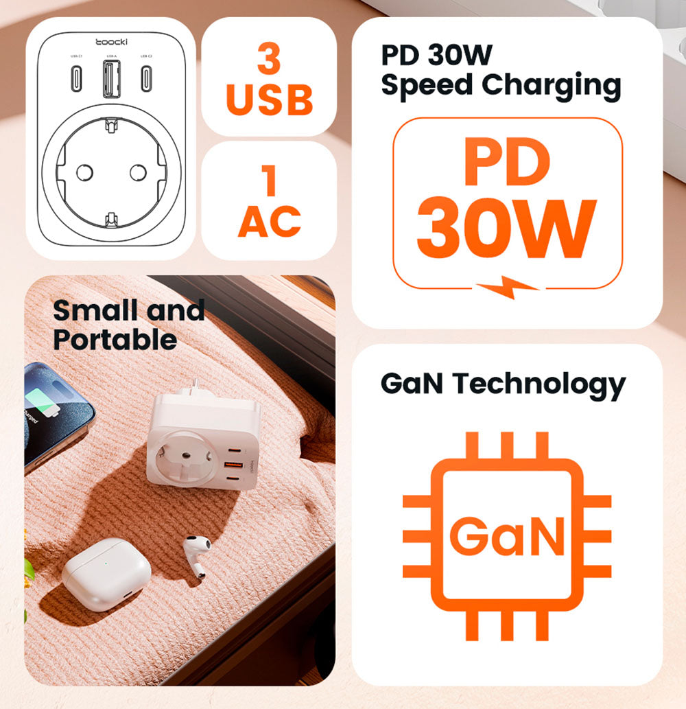 Toocki TCT30-X0Z8 PD30W Outlet Extender, Triple Port Fast Charging, 3680W AC Outlet, GaN Technology, Black