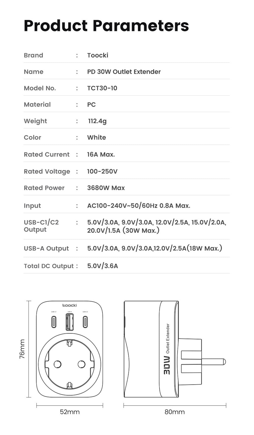 Toocki TCT30-X0Z8 PD30W Outlet Extender, Triple Port Fast Charging, 3680W AC Outlet, GaN Technology, Black