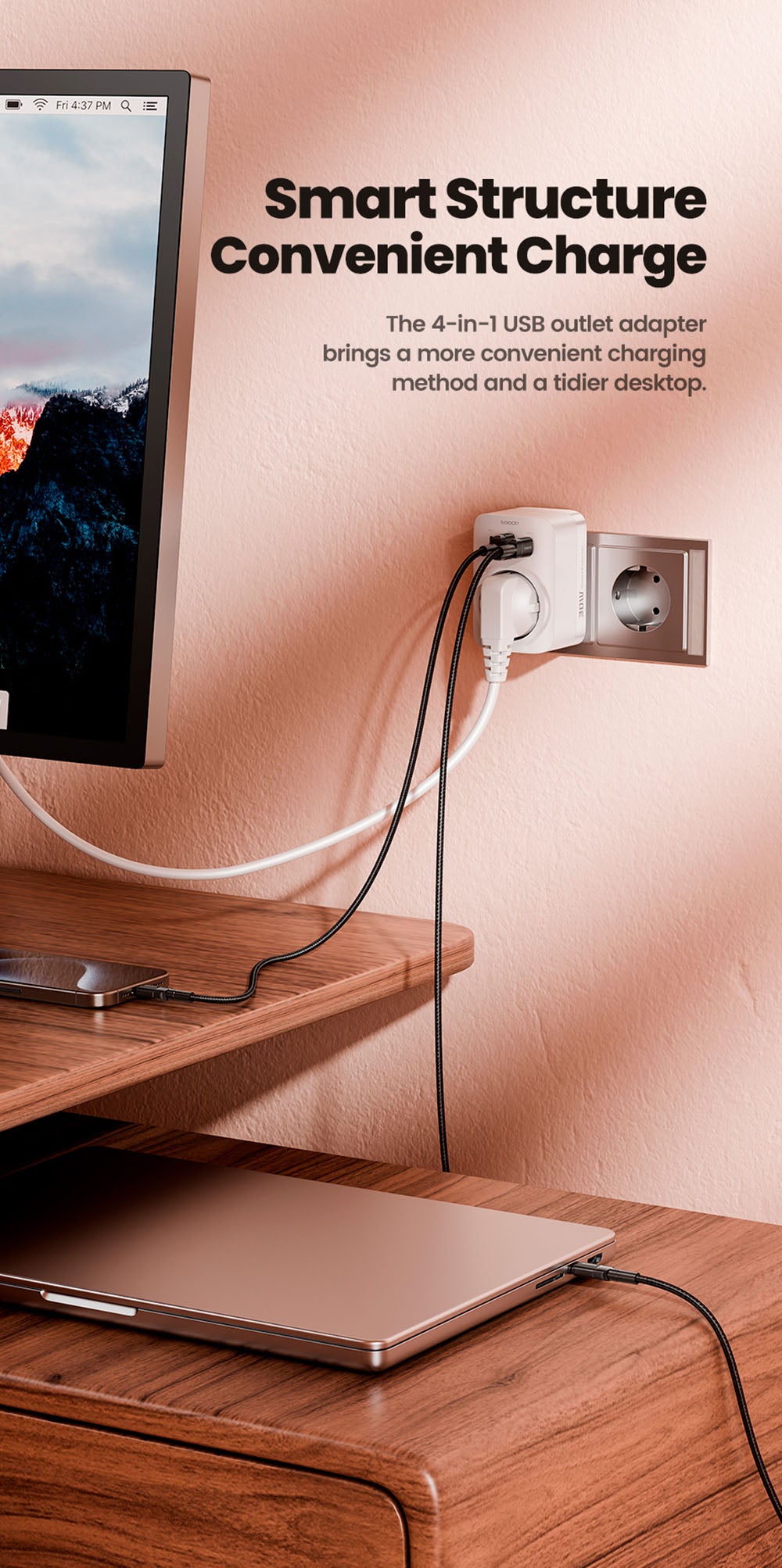 Toocki TCT30-X0Z8 PD30W Outlet Extender, Triple Port Fast Charging, 3680W AC Outlet, GaN Technology, Black