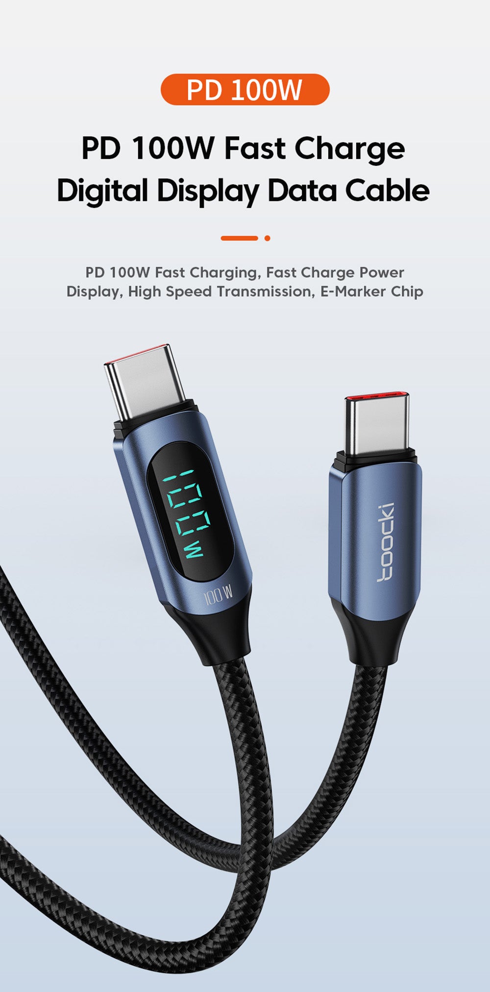 Toocki TXCTT1-XY01 PD 100W Fast Charging Cable, 5A, Smart Digital Display, E-Marker Chip, 480Mbps Data Transfer, Braided Nylon, Blue - 1m