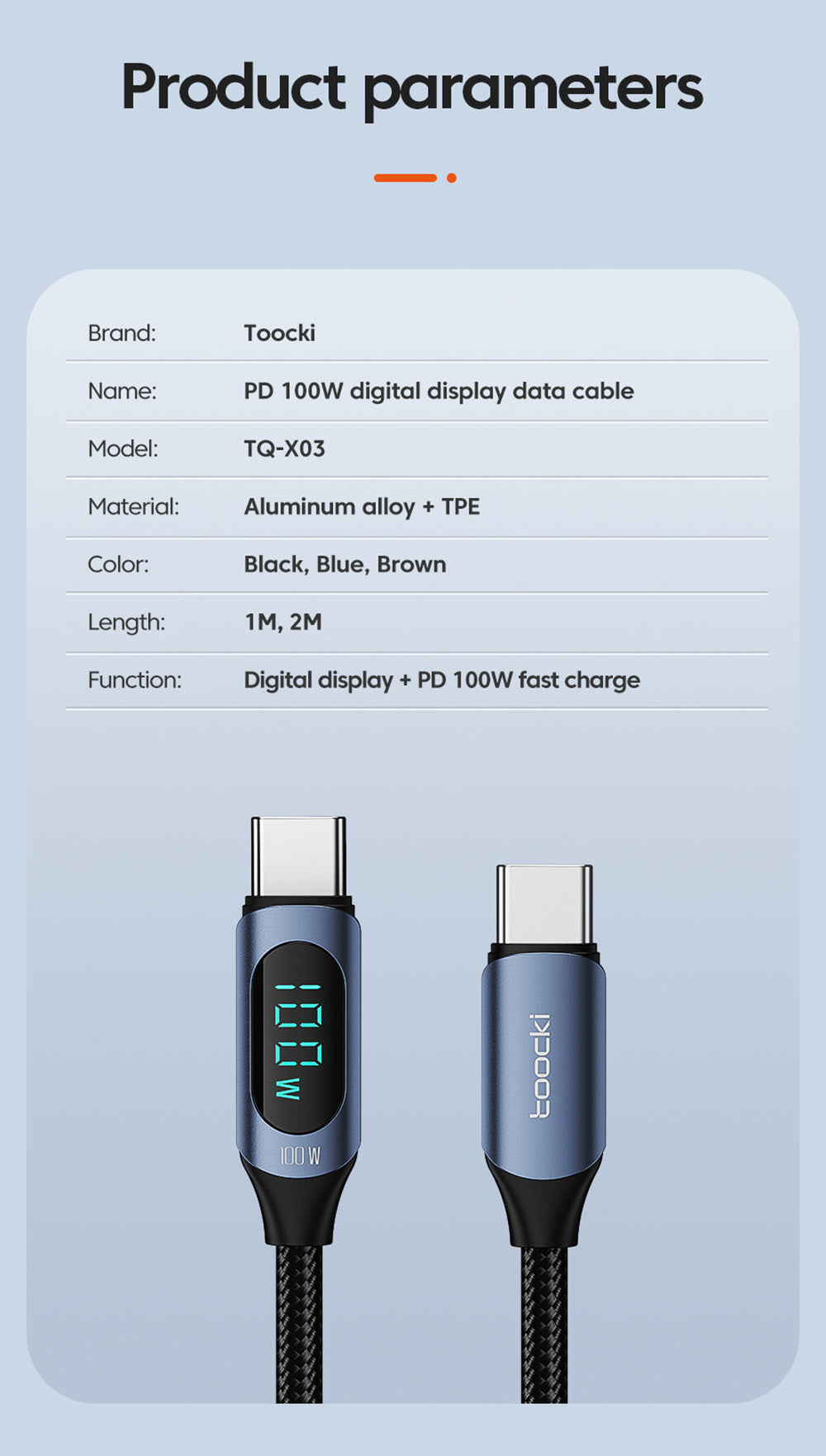 Toocki TXCTT1-XY01 PD 100W Fast Charging Cable, 5A, Smart Digital Display, E-Marker Chip, 480Mbps Data Transfer, Braided Nylon, Blue - 1m
