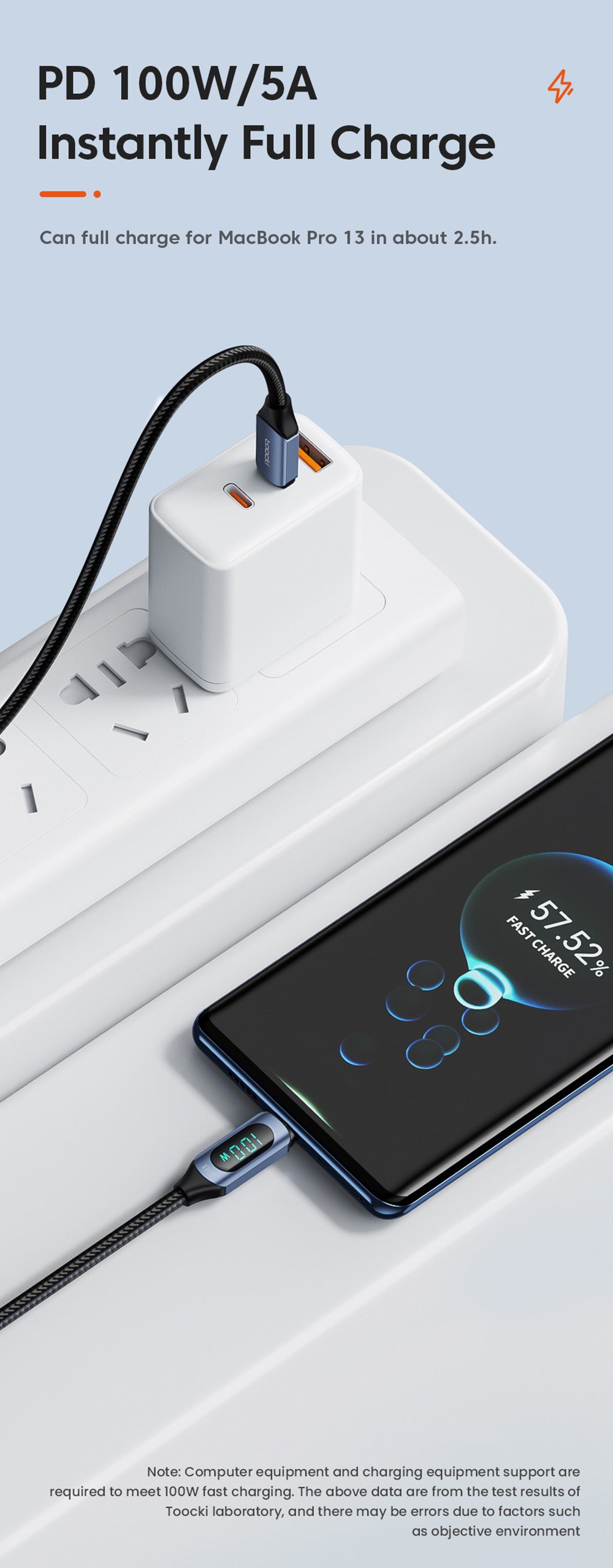 Toocki TXCTT1-XY01 PD 100W Fast Charging Cable, 5A, Smart Digital Display, E-Marker Chip, 480Mbps Data Transfer, Braided Nylon, Blue - 1m