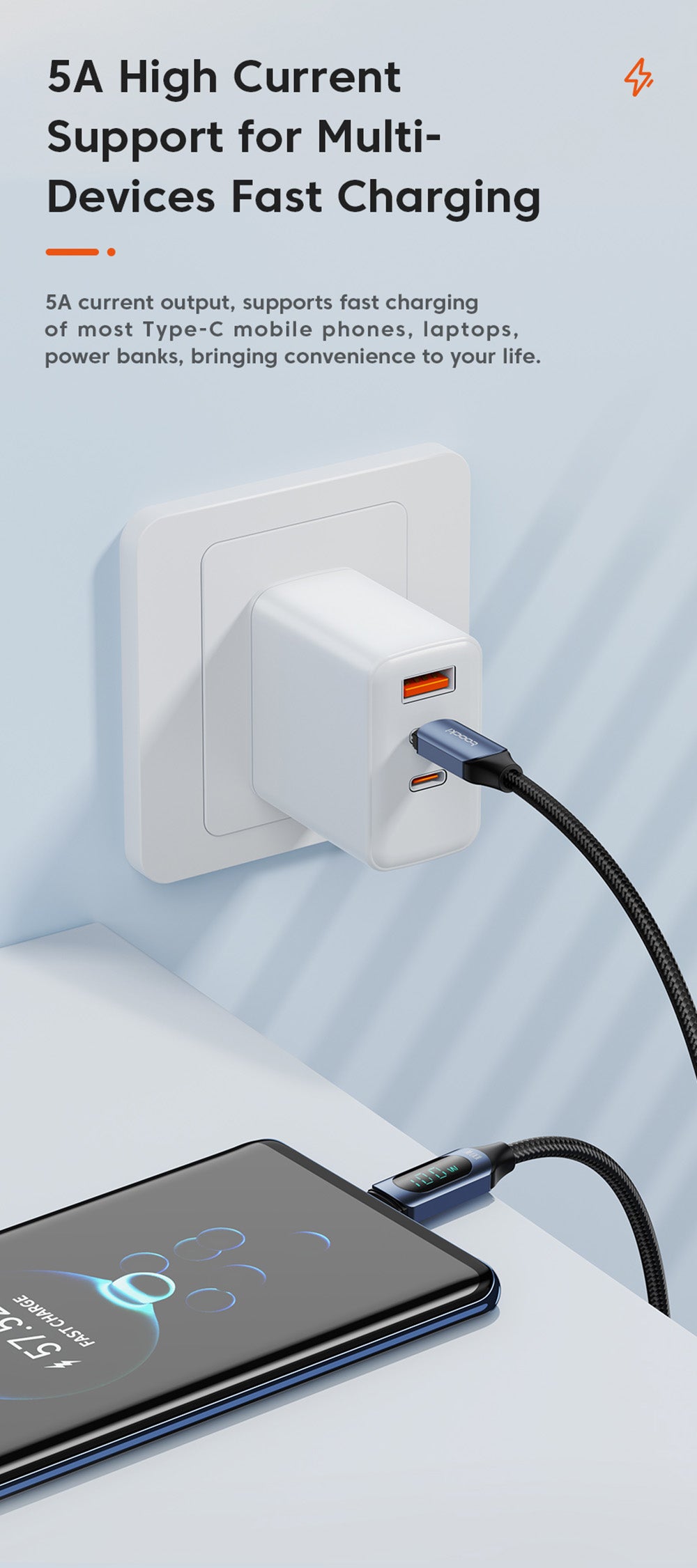 Toocki TXCTT1-XY01 PD 100W Fast Charging Cable, 5A, Smart Digital Display, E-Marker Chip, 480Mbps Data Transfer, Braided Nylon, Blue - 1m