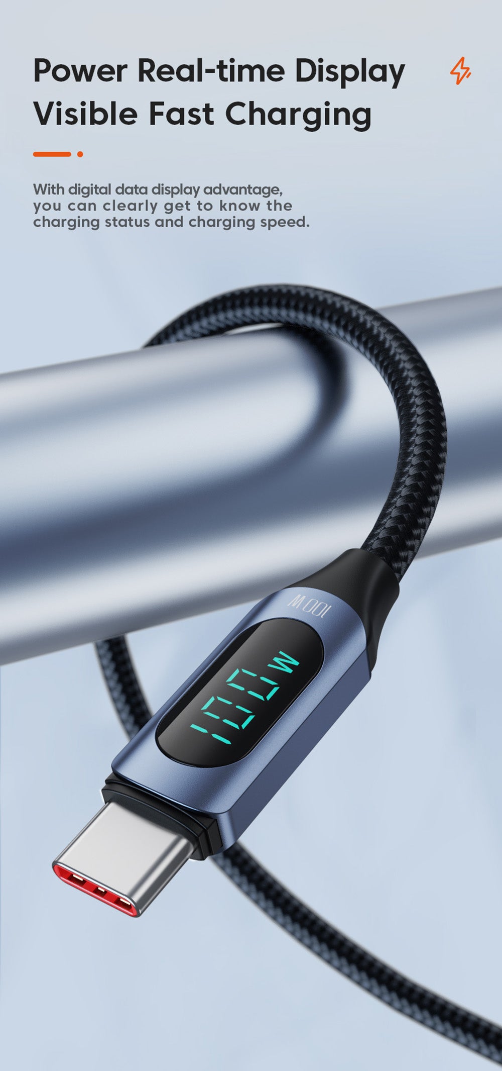 Toocki TXCTT1-XY01 PD 100W Fast Charging Cable, 5A, Smart Digital Display, E-Marker Chip, 480Mbps Data Transfer, Braided Nylon, Blue - 1m