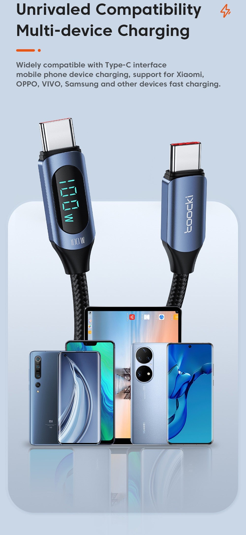 Toocki TXCTT1-XY01 PD 100W Fast Charging Cable, 5A, Smart Digital Display, E-Marker Chip, 480Mbps Data Transfer, Braided Nylon, Blue - 1m